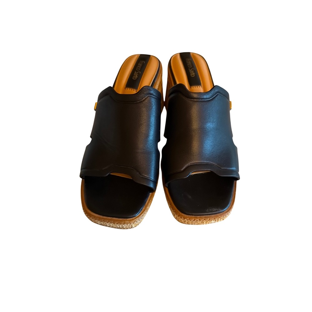 Franco Sarto Sandals Black Florence Leather Raffia Block Heel Mules 9M